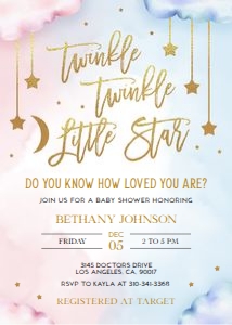 BS128-C-001-Invitation-5 by 7 inches: Twinkle Twinkle Little Star Baby Shower Invitation, Gold Moon and Stars Baby Sprinkle Party Invite, Blue & Pink Unisex Baby Template, BS128