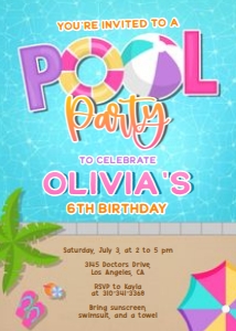 Pool Party Birthday Invitation, EDITABLE Swimming Party Invite Template, Tropical Summer Birthday, Girls Beach Bash, Instant Download KP128 design preview