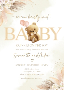 BS150-C-Invitation-5 b 7 inches: We Can Bearly Wait Baby Shower Invitation, Editable Boho Bear Baby Party Invite Template, Beige Teddy Bear Baby Sprinkle, Pampas Grass BS150