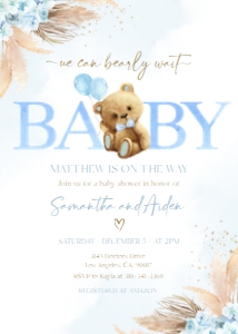 BS150-B-Invitation-5 b 7 inches: We Can Bearly Wait Baby Shower Invitation, Editable Boho Bear Baby Shower Invite Template, Blue Teddy Bear Baby Sprinkle, Pampas Grass BS150