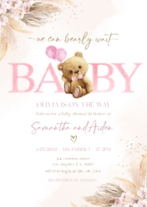 We Can Bearly Wait Baby Shower Invitation, Editable Boho Bear Baby Shower Invite Template, Pink Teddy Bear Baby Sprinkle, Pampas Grass BS150 design preview