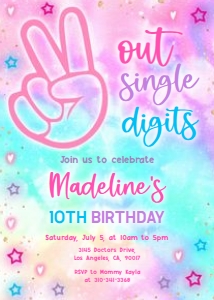 Tie Dye Birthday Invitation, Editable Peace Out Single Digits Invite Template, Hippie Tie Dye Party, VSCO Girl, Double Digits, Tween, KP130 design preview
