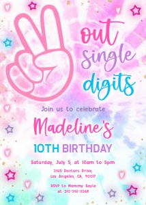 Tie Dye Birthday Invitation, Editable Peace Out Single Digits Invite Template, Hippy Tie Dye Party, Double Digits, Tween, VSCO Girl, KP130 design preview