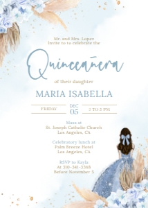 Quinceañera Invitation, EDITABLE Boho Blue Pampas Grass Party Invite Template, Mis Quince Anos, 15th Birthday Party, Instant Download, Q007 design preview