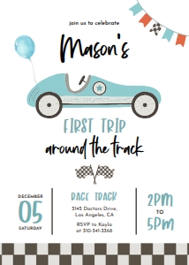 Blue Race Car First Birthday Invitation Template, First Trip Around The Track, Printable Racing Car Party Invitation, Instant Download KP139 design preview