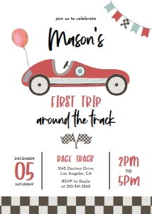 Red Race Car First Birthday Invitation Template, First Trip Around The Track, Printable Racing Car Party Invitation, Instant Download KP139 design preview