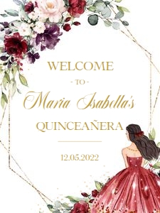 Q004 - Quinceneara Welcome Sign - Red Burgundy - 18x24" inches: Quinceañera Welcome Sign, EDITABLE Burgundy and Gold Party Decor, Red Floral Quinceañera Banner, Mis Quince Anos, 15th Birthday Party, Q005