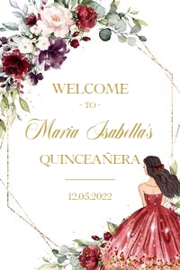 Q004 - Quinceneara Welcome Sign - Red Burgundy - 20x30" inches: Quinceañera Welcome Sign, EDITABLE Burgundy and Gold Party Decor, Red Floral Quinceañera Banner, Mis Quince Anos, 15th Birthday Party, Q005
