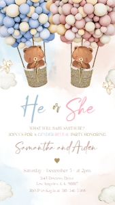 GR007_EVITE_A: Teddy Bears Gender Reveal Evite Template, EDITABLE Hot Air Balloon Invitation, Printable He Or She, Boy Or Girl, Boho Watercolor Bear, GR007