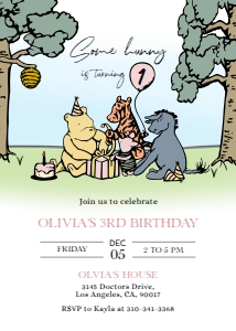 KP140-B-Invitation-5 b 7 inches: Classic Winnie The Pooh Birthday Invitation, EDITABLE Kids 1st Party Invite Template, Pink Balloon, Our Little Hunny, Instant Download KP140