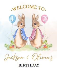 Peter Rabbit Joint Birthday Welcome Sign, Editable Banner Template, Rustic Bunny, Boy Girl Combined Party, Printable, Instant Download KP059 design preview