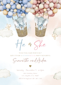 Elephant Gender Reveal Invitation, Hot Air Balloon Gender Reveal Invite Template, He Or She, Boy Or Girl, Boho Watercolor Elephant, GR011 design preview