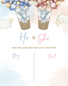 Elephant Gender Reveal Voting Sign, Hot Air Balloon Guess The Gender Template, He Or She Games, Boy Or Girl, Boho Watercolor Elephant, GR011 design preview