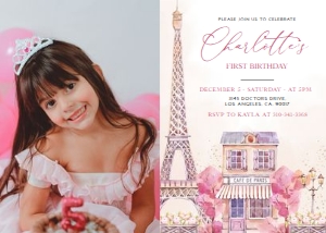 EDITABLE Paris First Birthday Invite with Photo, French 1st Birthday Template, Girl Eiffel Tower Fancy Parisian Cafe, Instant Download KP050 design preview