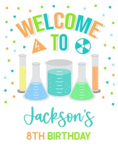 EDITABLE Mad Science Birthday Welcome Sign, Blue Science Party Decor Template, Kid Scientist Banner, Lab Experiment, Instant Download, KP052 design preview