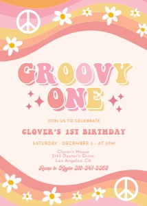 Groovy One Birthday Invitation, Editable Retro Disco Party Invite, Boho Hippie Peace, Kids 70s Pastel Rainbow Party, Instant Download KP142 design preview