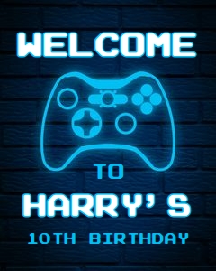 Video Game Birthday Welcome Sign, EDITABLE Gamer Party Decor, Boys Birthday Banner, Blue Glow Neon Template, Gaming, Instant Download KP070 design preview