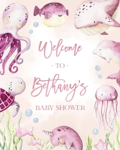 BS139-B-018-Welcome Sign-16 by 20 inches: Under the Sea Baby Shower Bundle, EDITABLE Ocean Animals Baby Shower Invite, Nautical Baby Shower Games, Pink Girl, Instant Download, BS139