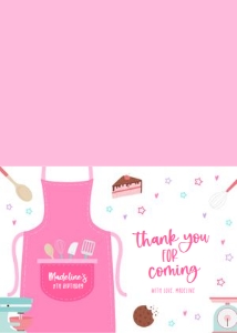 Baking Thank You For Coming Tentfold Card, Editable Party Favor, Cooking Birthday Template, Bake, Chef Kitchen, Pink, Instant Download KP054 design preview