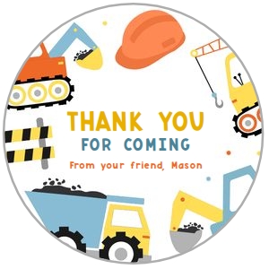 Boho Construction Birthday Thank You For Coming Gift Tag, Editable Blue Boy Round Gift Tag, Dump Trucks, Digger, Excavator, Trucks, KP108 design preview