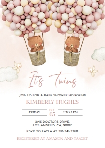 BS119_INV_BBS_B-TWINS: Boho Hot Air Balloon Twin Baby Shower Invitation Template, EDITABLE Bear Girls Baby Sprinkle Invite, Up, Up and Away, Instant Download BS119