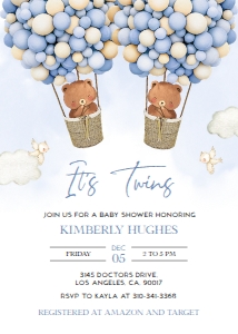 BS119_INV_BBS_A-TWINS: Boho Hot Air Balloon Twin Baby Shower Invitation Template, EDITABLE Bear Boys Baby Sprinkle Invite, Up, Up and Away, Instant Download BS119