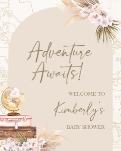 BS094_WELCOME SIGN: Adventure Awaits Baby Shower Welcome Sign, Travel Theme Baby Sprinkle Banner, Adventure, Pink Suitcase, Map, Globe, Girl Party Decor, BS094