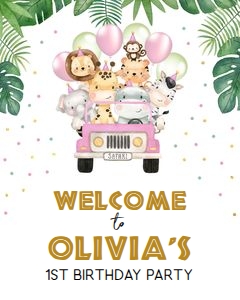 Wild One Birthday Welcome Sign, EDITABLE Safari Animals Party Decor Template, Pink Car, Jungle Safari Theme 1st Birthday Girl Banner, KP084 design preview