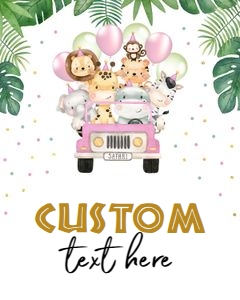 Wild One Birthday Custom Text Sign, EDITABLE Safari Animals Party Decor Template, Pink Car, Jungle Safari Theme First Birthday Banner, KP084 design preview
