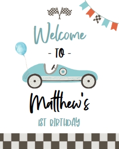 Blue Race Car First Birthday Welcome Sign, First Trip Around The Track Banner, Printable Racing Car Kids Party Decor, Instant Download KP139 design preview