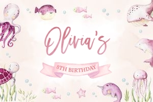 KP095_BACKDROP_B-6ft x 4ft (48x72"): Under The Sea Birthday Backdrop, EDITABLE Ocean Animals Party Banner Template, Nautical Kid's 1st Birthday Decor, Girl, Pink, Whales, KP095