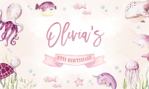 KP095_BACKDROP_B-5ft x 3ft (60x36"): Under The Sea Birthday Backdrop, EDITABLE Ocean Animals Party Banner Template, Nautical Kid's 1st Birthday Decor, Girl, Pink, Whales, KP095
