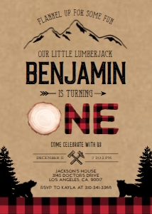 Lumberjack First Birthday Invitation, EDITABLE Wilderness Party Invite, Rustic Woodland Template, Forest Mountain, Buffalo Plaid, KP157 design preview