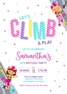 Rock Climbing Birthday Invitation, Editable Indoor Climbing Party Invite, Let's Climb and Play, Girl Adventure Party, Instant Download KP160 design preview