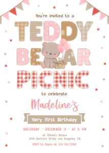 Teddy Bear Picnic First Birthday Invitation, EDITABLE Kids 1st Invite Template, Girl Summer Outdoor Party, Pink Bear, Instant Download KP161 design preview