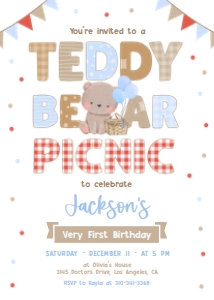Teddy Bear Picnic First Birthday Invitation, EDITABLE Kids 1st Invite Template, Boy Summer Outdoor Party, Blue Bear, Instant Download KP161 design preview