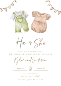 GR016_INV_BBS_A: Boho Gender Reveal Invitation, Baby Clothes Gender Reveal Party Invite Template, He Or She, Boy Or Girl, Minimalist Unisex Baby Brunch GR016
