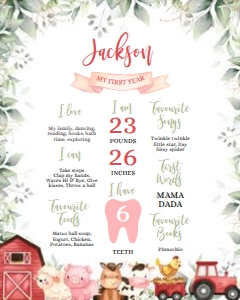 Farm First Birthday Milestone Poster, EDITABLE Birthday Sign Template, 1st Birthday, Red Barnyard Animals, Ranch, Instant Download, KP082 design preview