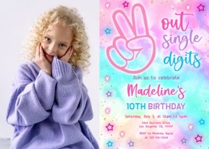 Tie Dye Birthday Invitation with Photo, Editable Peace Out Single Digits Template, Hippie Tie Dye Party, VSCO Girl Double Digits Tween KP130 design preview