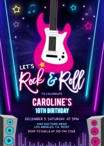Rock Star Birthday Invitation, Editable Music Party Template, Rainbow Glow Neon Invite, Lets Rock and Roll Guitar, Tween Girl Popstar, KP175 design preview
