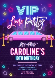 EDITABLE Limo Party Invitation, Pink VIP Limousine Birthday Invite, Glow Neon Template, Tween Girl Disco, Red Carpet, Instant Download KP176 design preview
