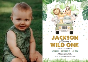 KP084_INV-Landscape-A: Wild One Birthday Invitation with Photo, EDITABLE Safari Animals Party Invite Template, Jungle Safari First Birthday, Instant Download KP084