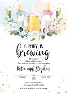 GR018-A-Invitation-5 by 7 inches-A Baby is Brewing Gender Reveal: Baby is Brewing Gender Reveal Invitation, Beer Gender Reveal Party Invite Template, He Or She, Brewery Unisex Baby Shower, Boy Or Girl GR018
