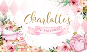 KP056-A-BACKDROP_A-5ft x 3ft (60x36"): Tea Party Birthday Backdrop, EDITABLE Pink and Gold Par-tea Banner Template, Whimsical Party Decor, High Tea Floral, Instant Download KP056