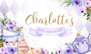 KP056-B-BACKDROP_A-5ft x 3ft (60x36"): Tea Party Birthday Backdrop, EDITABLE Purple & Gold Par-tea Banner Template, Whimsical Party Decor, High Tea Floral, Instant Download KP056