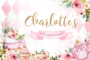 KP056-A-BACKDROP_A-6ft x 4ft (48x72"): Tea Party Birthday Backdrop, EDITABLE Pink and Gold Par-tea Banner Template, Whimsical Party Decor, High Tea Floral, Instant Download KP056