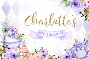 KP056-B-BACKDROP_A-6ft x 4ft (48x72"): Tea Party Birthday Backdrop, EDITABLE Purple & Gold Par-tea Banner Template, Whimsical Party Decor, High Tea Floral, Instant Download KP056