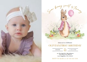 KP059_INV-Landscape-B: Peter Rabbit First Birthday Invite with Photo, Editable Rustic Bunny Template, Printable 1st Birthday Girl Party, Any Age, Instant Download