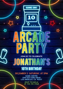 EDITABLE Arcade Party Invitation, Gamer Birthday Invite, Blue Glow Neon Invite Template, Kids Retro Video Game Party, Instant Download KP180 design preview