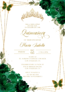Q012 - Quinceneara Invitation - Emerald & Gold Butterfly: Emerald Green and Gold Quinceañera Invitation, EDITABLE Tiara Party Invite Template, Mis Quince Anos, 15th Birthday, Instant Download, Q012